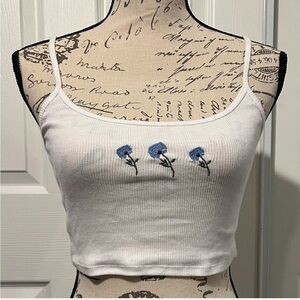 Hollister White Camisole with Blue Floral Embroidery